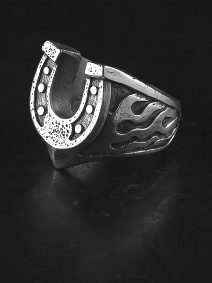 Flaming Knight Horseshoe 925 Sterling Silver Biker Ring product video