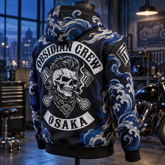 Single rear three-quarter view of an Obsidian Crew Osaka motorcycle club hoodie showing printed hood and side panels.