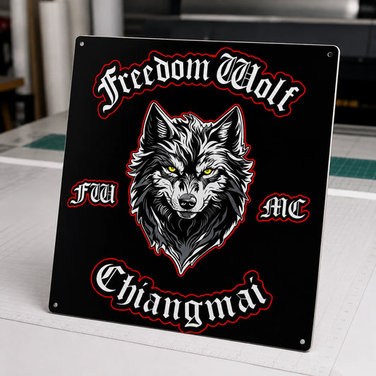 Printed motorcycle club metal sign reproducing detailed approved artwork on a solid panel.
