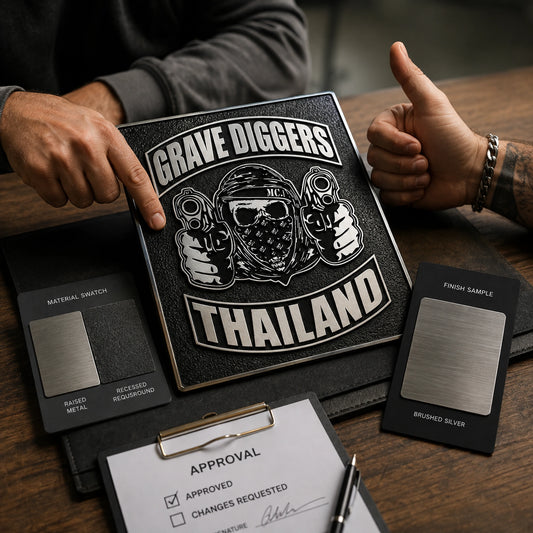 Motorcycle club plaque artwork, material and finish approved before production.