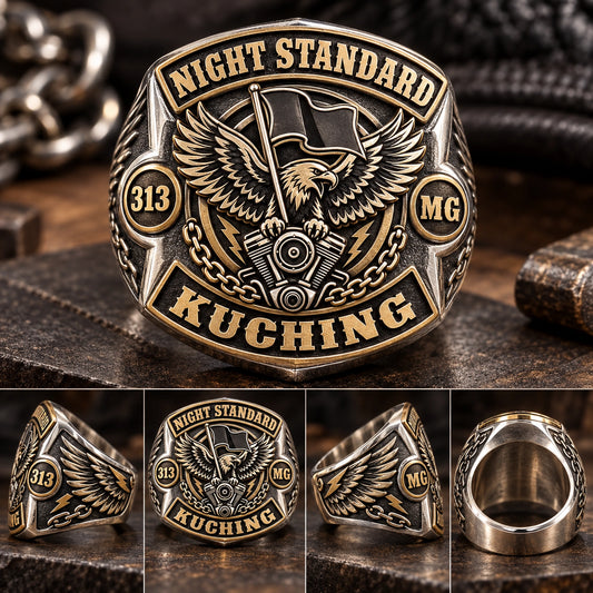 Step 2 — Choose Ring Style & Materials designed from an authorized motorcycle club emblem in 925 Sterling Silver + Brass natural metal tones.