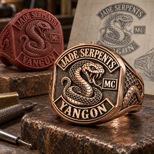 Step 3 — Free Design Development designed from an authorized motorcycle club emblem in Red Copper + White Copper natural metal tones.