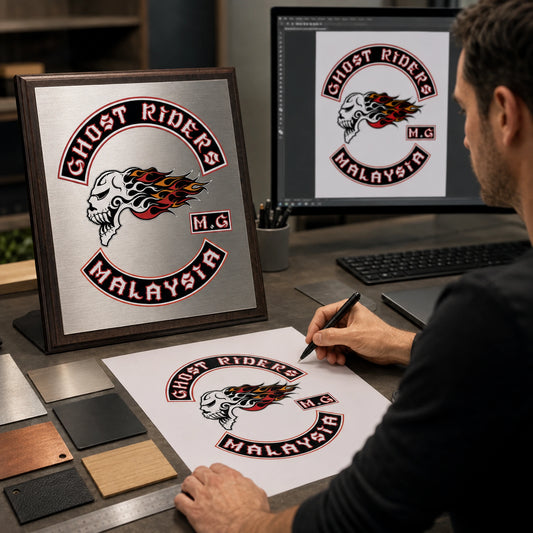 Free motorcycle club plaque design proof with material samples.