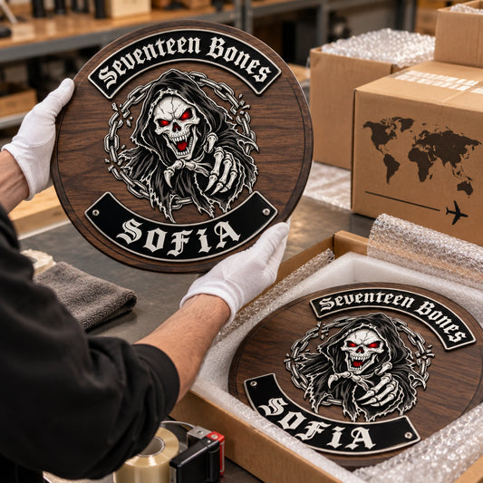 Custom motorcycle club plaques inspected and packed for worldwide shipping.