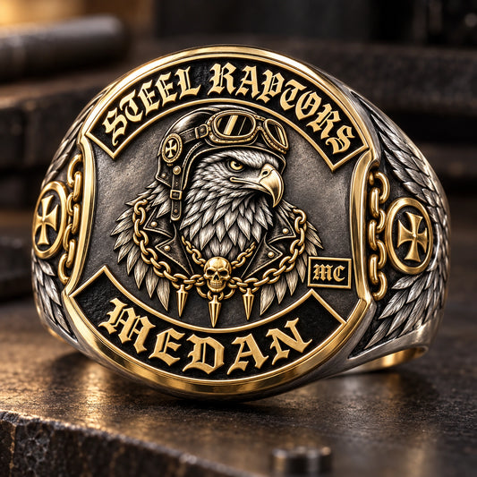 Step 4 — Review & Approve designed from an authorized motorcycle club emblem in 925 Sterling Silver + 18K Gold-Plated natural metal tones.