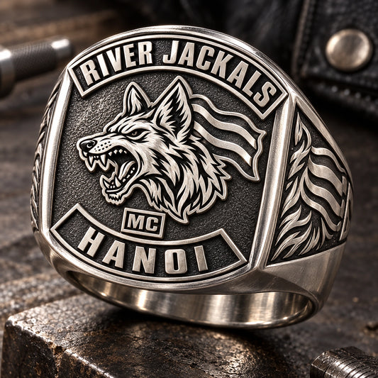 Step 1 — Send Your Club Logo designed from an authorized motorcycle club emblem in White Copper natural metal tones.