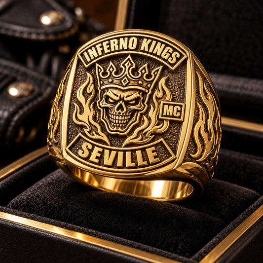 Step 6 — Worldwide Shipping designed from an authorized motorcycle club emblem in Solid 18K Gold natural metal tones.