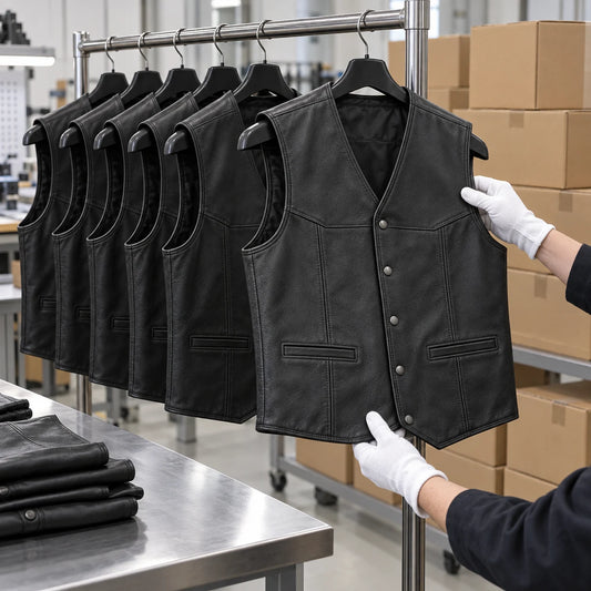 Finished motorcycle club leather vests inspected before worldwide chapter shipping.