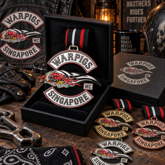 Inspected solid medals packed in protective presentation boxes for worldwide shipping. Custom motorcycle club medal.