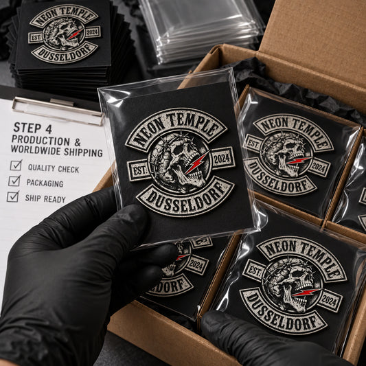 Custom motorcycle club pins inspected and packed for worldwide shipping.