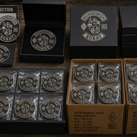 Custom motorcycle club pins inspected and packed for worldwide shipping.