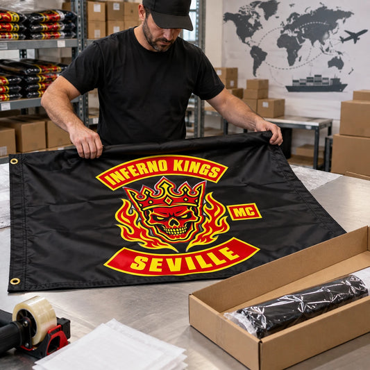 Motorcycle club members use a custom rectangular flag for production & worldwide shipping in a realistic American V-twin setting.