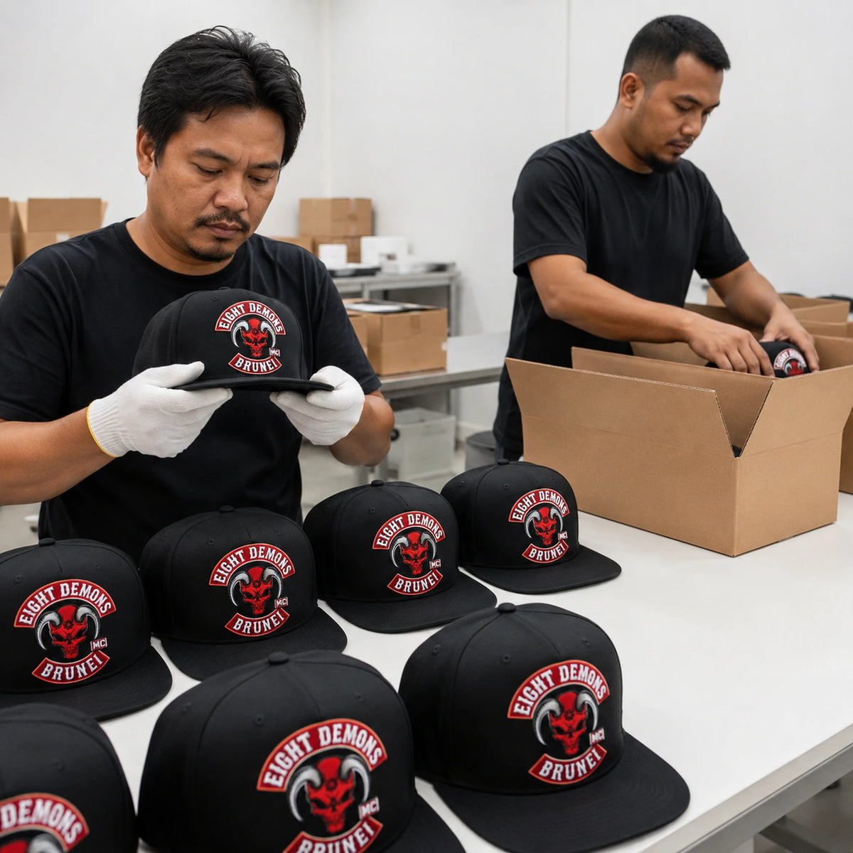 Production workers inspect and pack custom motorcycle club flat-brim caps for worldwide shipping.