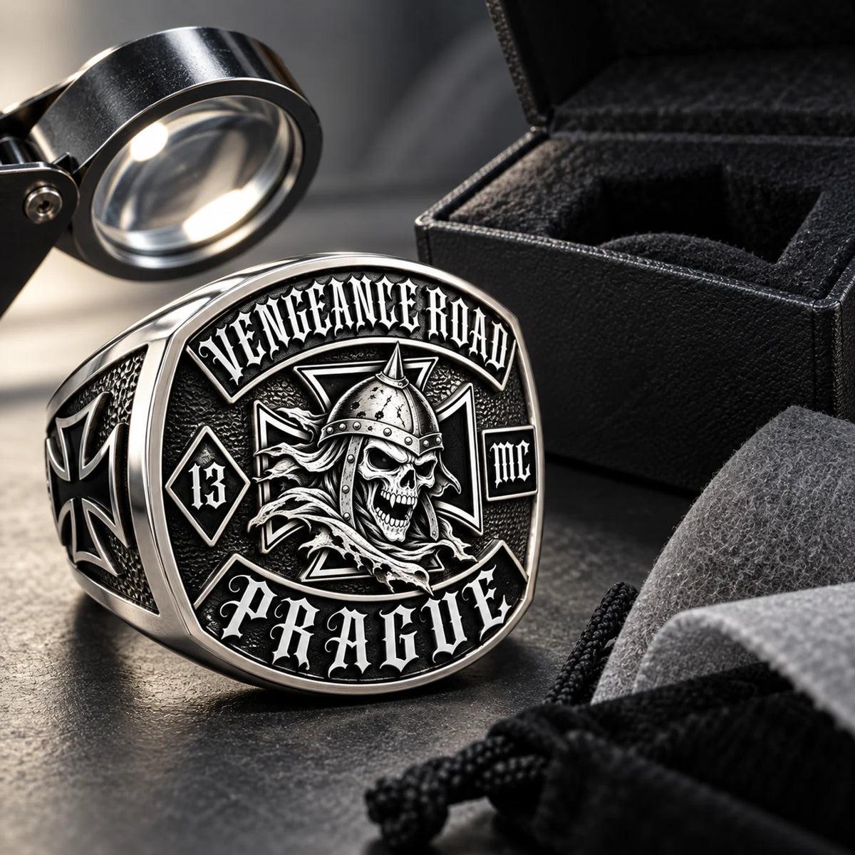 Vengeance Road motorcycle club white copper ring prepared for production and shipping.