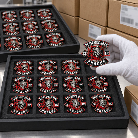 Multiple identical VENGEANCE ROAD sculpted pins in inspection trays beside shipping boxes.
