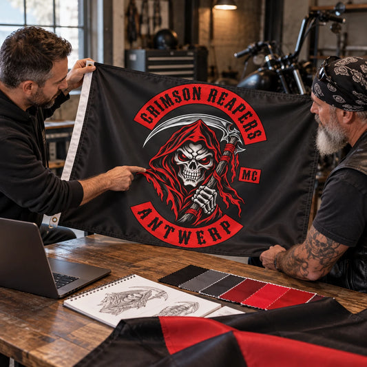 Motorcycle club members use a custom rectangular flag for professional design support in a realistic American V-twin setting.