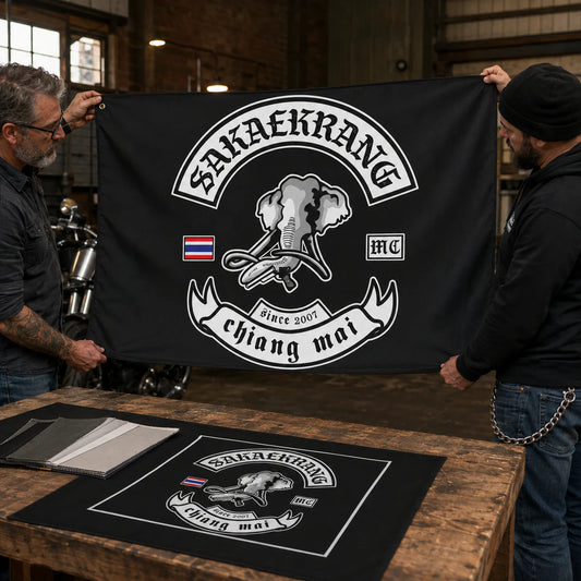 Motorcycle club members use a custom rectangular flag for professional design support in a realistic American V-twin setting.