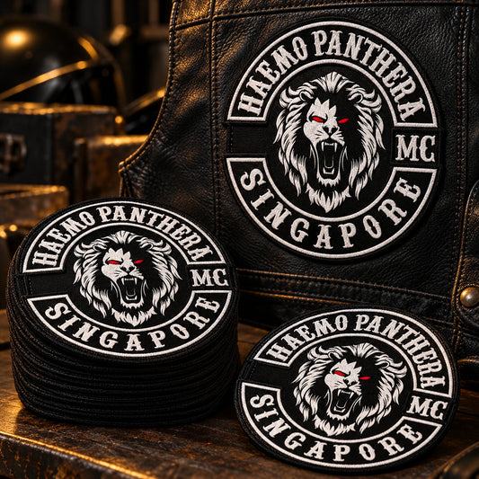 Solid membership-status patches in matching palette shown for a custom motorcycle club patch system in club inventory shelf.
