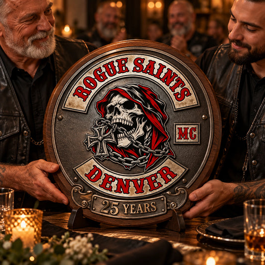 Custom 25th anniversary motorcycle club plaque presented at a chapter dinner.