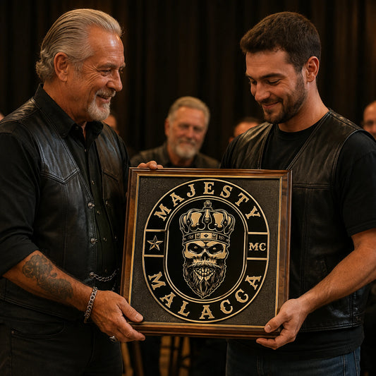 Custom 25th anniversary motorcycle club plaque presented at a chapter dinner.