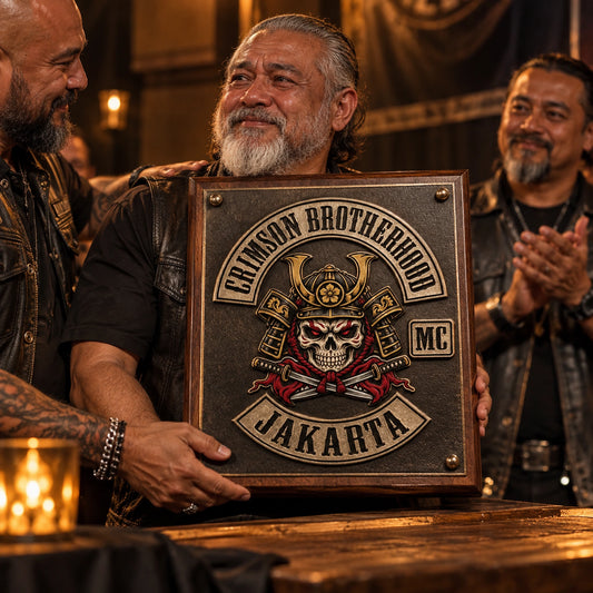 Lifetime brotherhood motorcycle club plaque honoring years of club service.