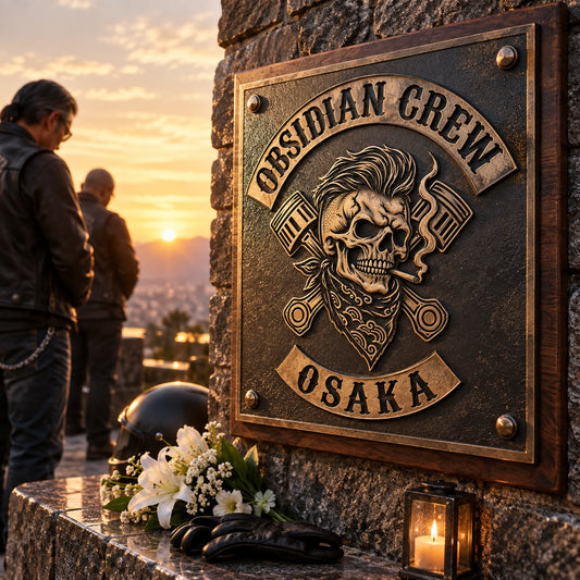 Respectful motorcycle club memorial plaque displayed during a remembrance gathering.