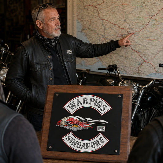 Custom motorcycle club officer plaque recognizing a road captain.