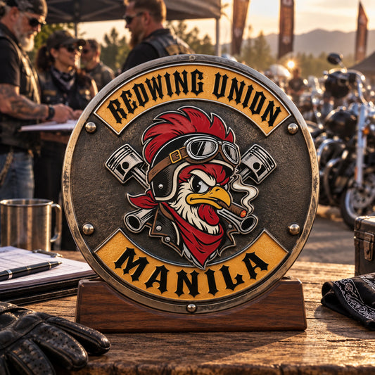 Custom motorcycle rally commemorative plaque with approved club artwork.