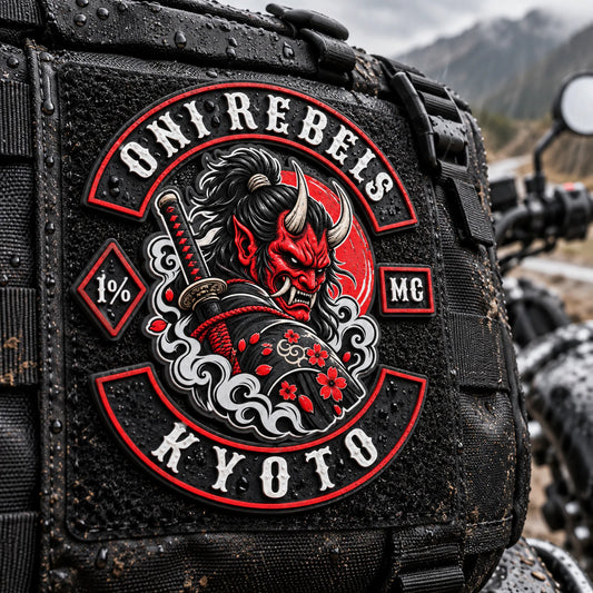 Custom motorcycle club event patch featuring the oni rebels kyoto logo for weather-resistant pvc construction.
