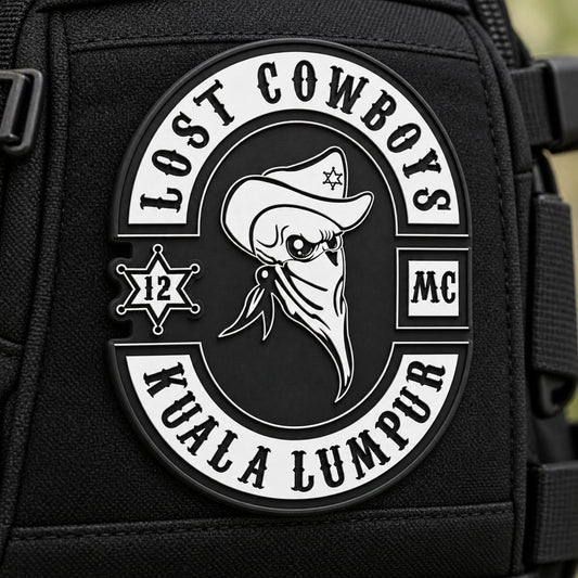 Solid PVC motorcycle memorial patch with layered relief on motorcycle riding gear.