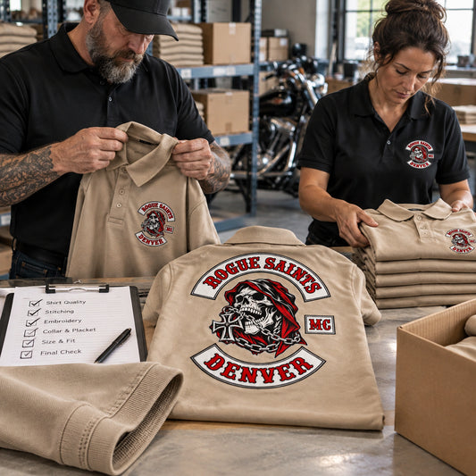 Workers inspect and pack tan Rogue Saints Denver motorcycle club polos after checking seams, sleeve embroidery and large back logos.