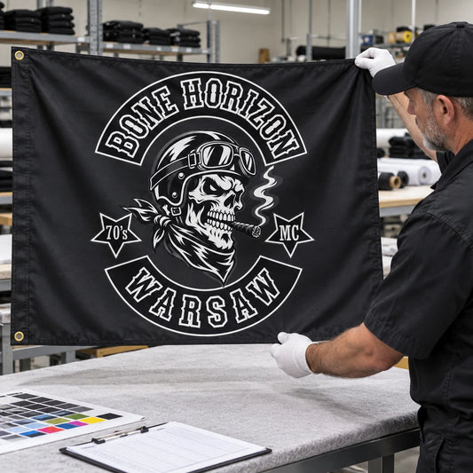 Motorcycle club members use a custom rectangular flag for quality production in a realistic American V-twin setting.