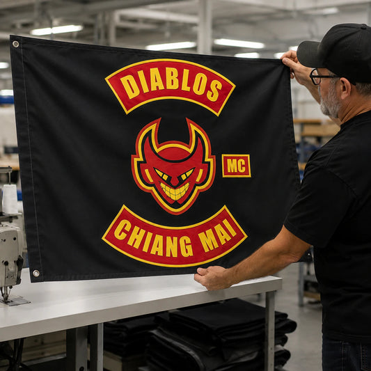 Motorcycle club members use a custom rectangular flag for quality production in a realistic American V-twin setting.
