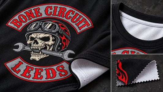 Close-up of quick-dry polyester motorcycle club shirt fabric with a white interior.