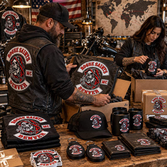 approve production shipping for a custom motorcycle club rider accessory order.