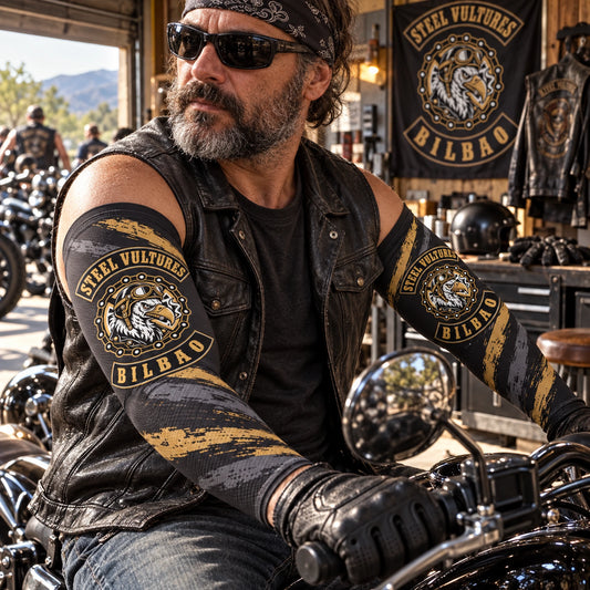 custom arm sleeves designed for motorcycle club riders.