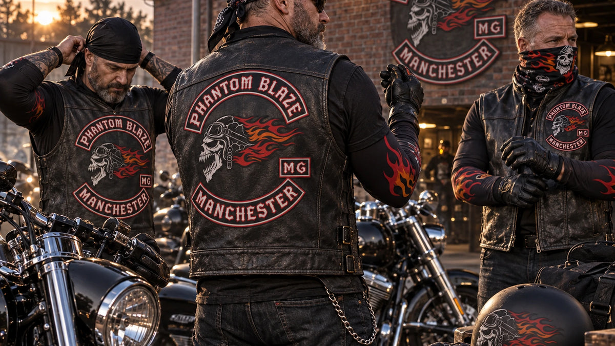 Motorcycle club riders wearing coordinated custom rider accessories beside V-twin motorcycles.