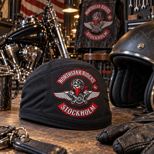 custom skull caps designed for motorcycle club riders.