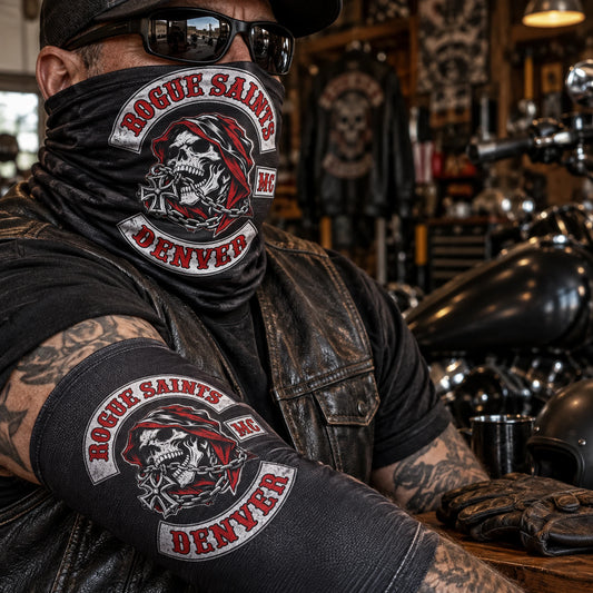 full color printing method for custom motorcycle club rider gear.
