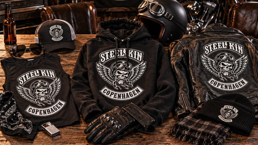 Matching motorcycle club rider accessory sets for different riding conditions.