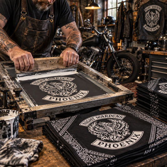 screen printing method for custom motorcycle club rider gear.