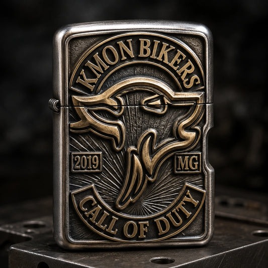 Raised-relief motorcycle club lighter with an authorized emblem
