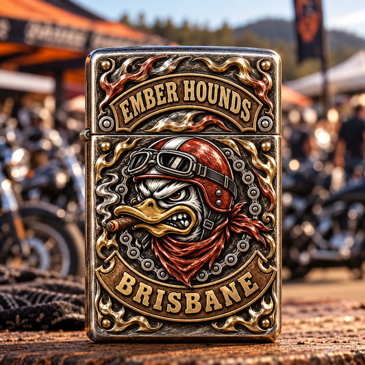 Motorcycle rally collectible lighter with an authorized host club emblem