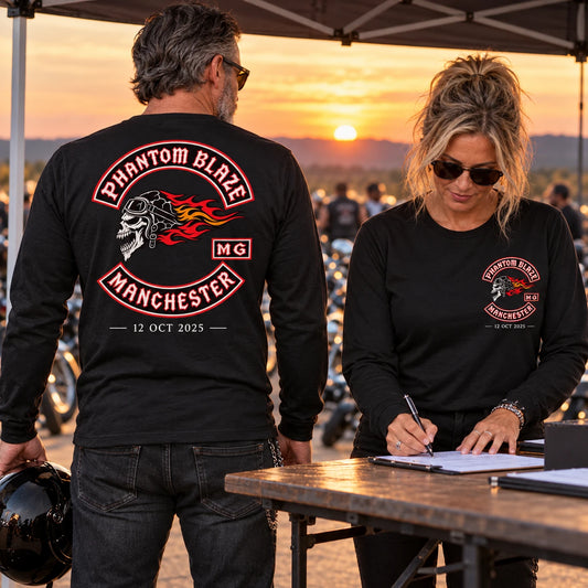 Custom motorcycle club rally long-sleeve shirt with coordinated event and anniversary details.