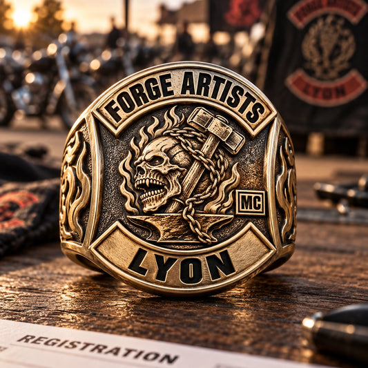 Rally & Event Rings designed from an authorized motorcycle club emblem in Brass + White Copper natural metal tones.