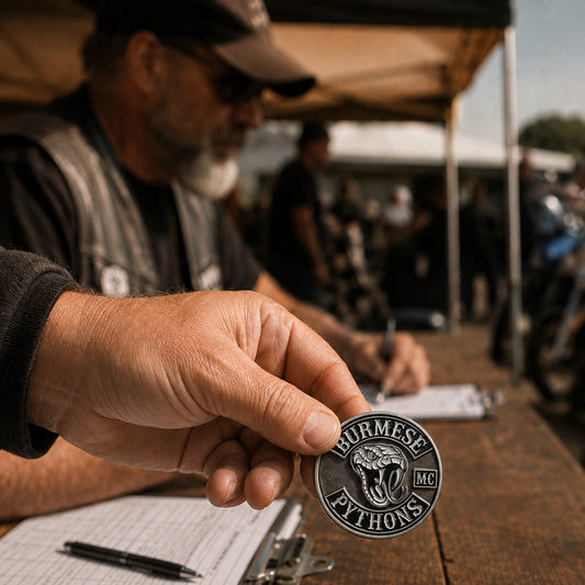 Soft enamel motorcycle rally pin presented at a club event check-in.