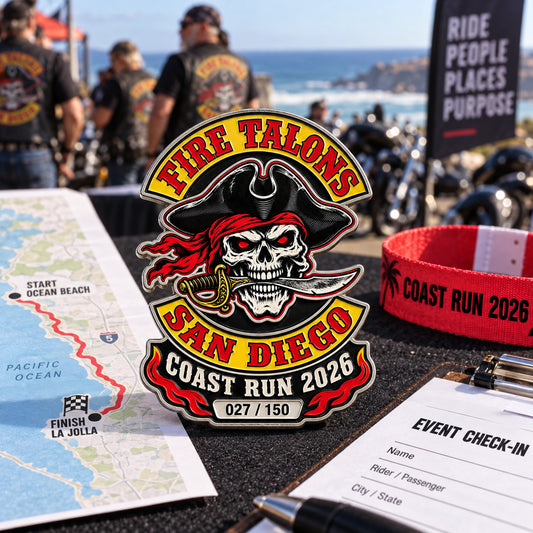Limited Fire Talons Coast Run 2026 motorcycle event pin beside a route map and rally check-in form.