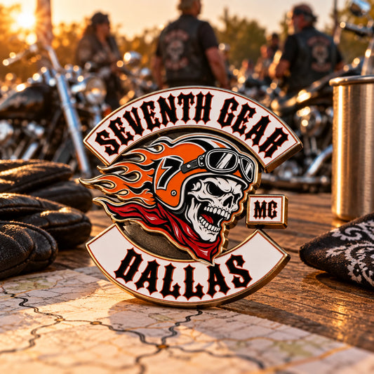 Seventh Gear Dallas collectible 3D color pin at a motorcycle rally checkpoint