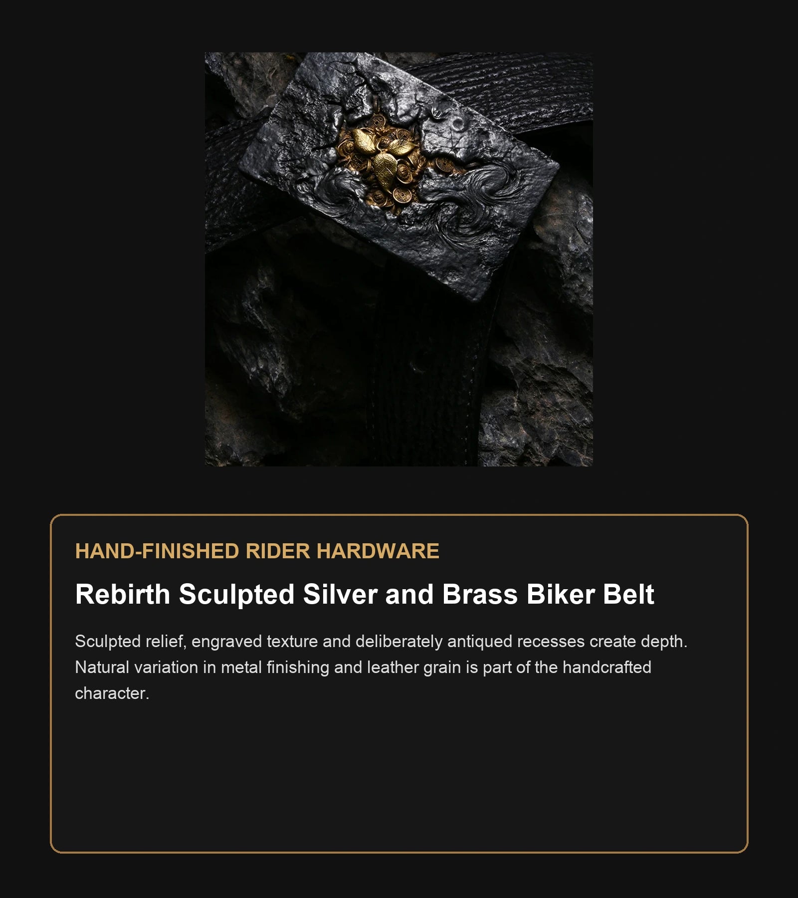 Rebirth Sculpted Silver and Brass Biker Belt craftsmanship guide in English