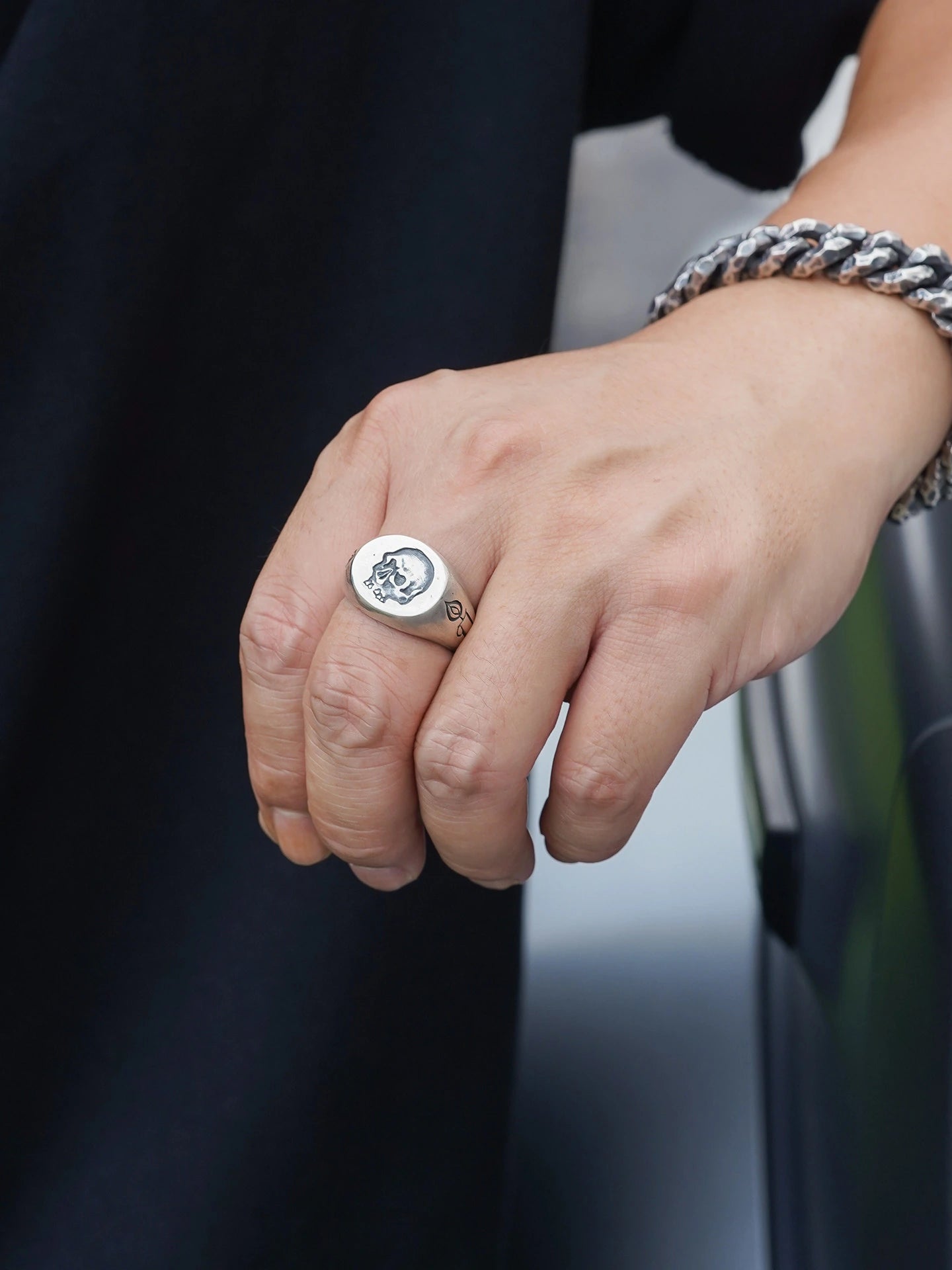 Recessed Skull 925 Sterling Silver Biker Signet Ring product view 5
